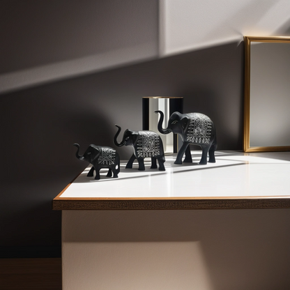 Bidri Silver Inlay Elephant Family Three Piece Set