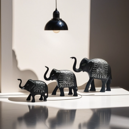 Bidri Silver Inlay Elephant Family Three Piece Set