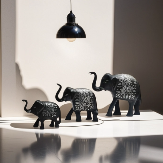 Bidri Silver Inlay Elephant Family Three Piece Set | Bidri Work | Bidri Art